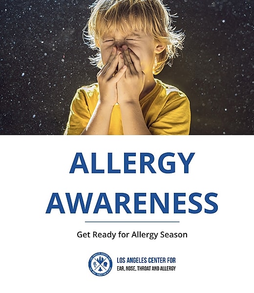 Child holding hands to face, promoting allergy awareness.