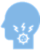Head silhouette with virus and pain symbols.