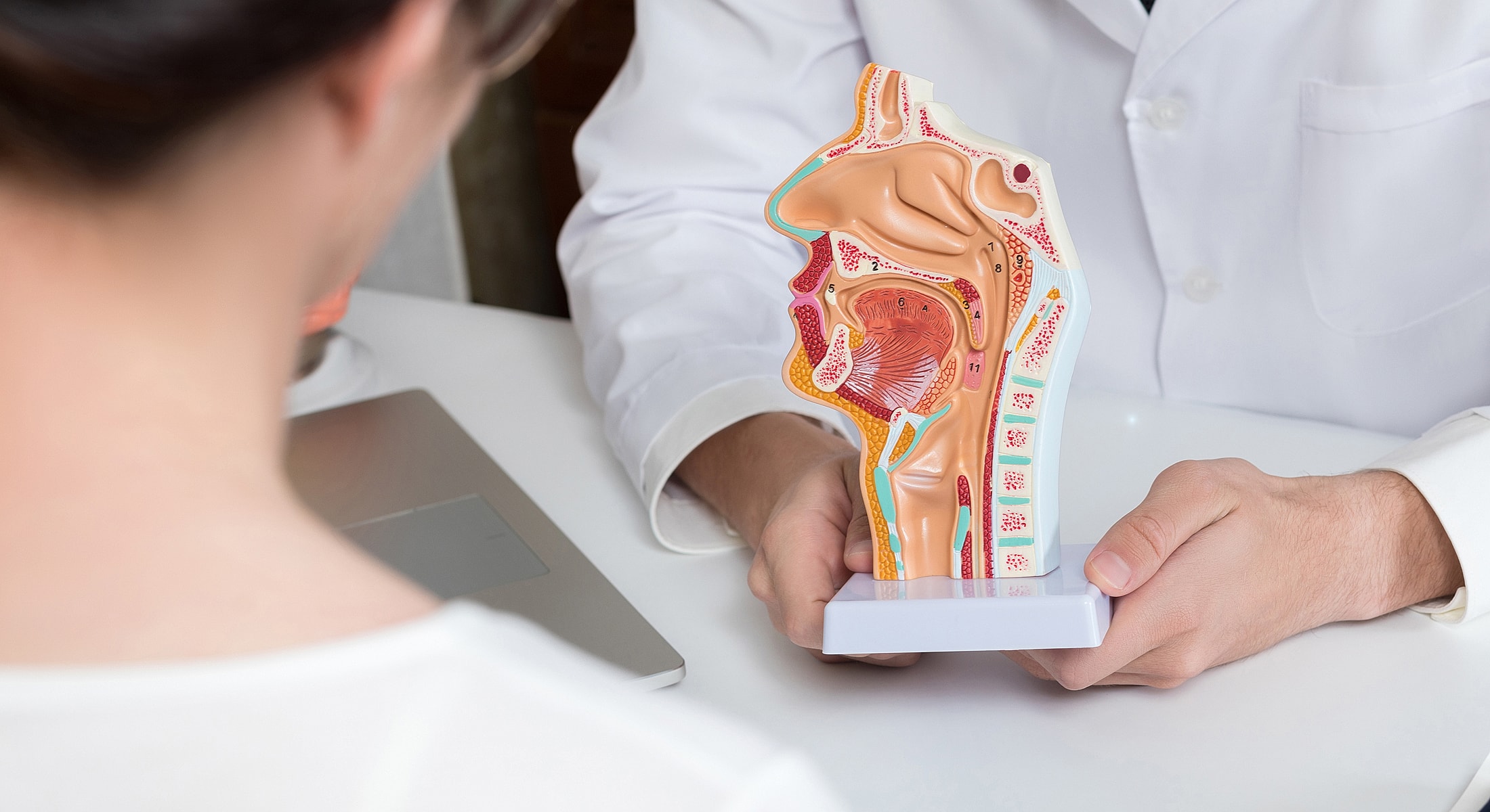 Doctor examining older woman's neck in clinic.